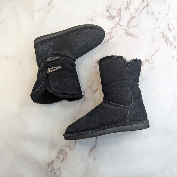 Bearpaw Boot Women US 6 EU 37 Black Shearling Fur Sheepskin Toggle Calf - Picture 5 of 12